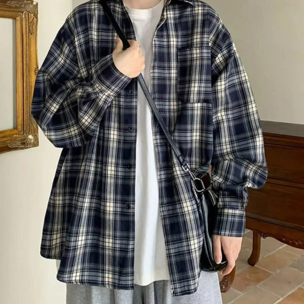Men’s retro plaid print shirt jacket with lapel collar, long sleeves, and single-breasted pocket for casual wear - 1