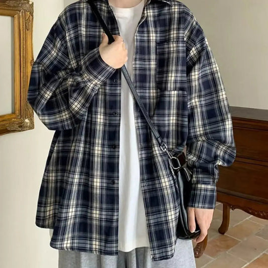 Men’s retro plaid print shirt jacket with lapel collar, long sleeves, and single-breasted pocket for casual wear - 1