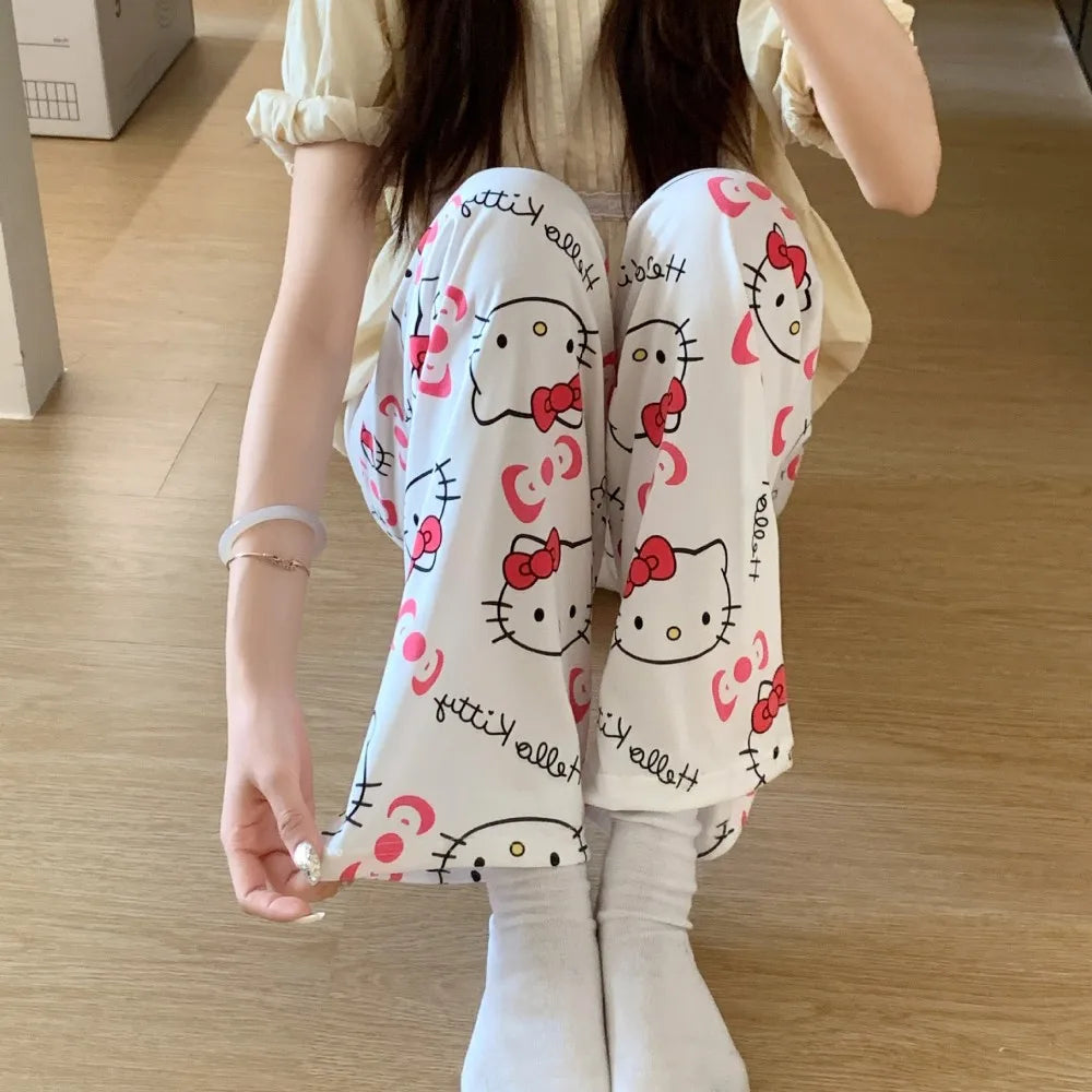 Hello Kitty women’s summer pajama pants with cute cartoon print, loose casual fit, perfect for lounging  white