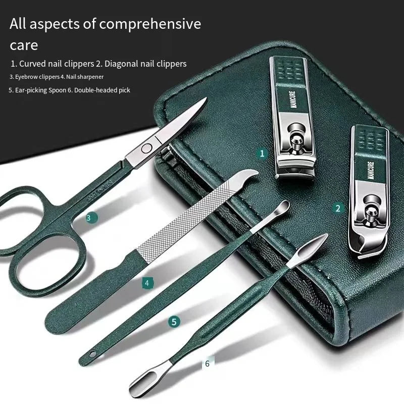Set of nail care tools including scissors, clippers, and a case on a white background