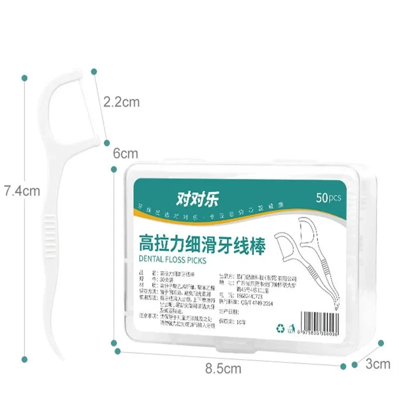 Packaging of dental floss picks with dimensions and product details on a white background