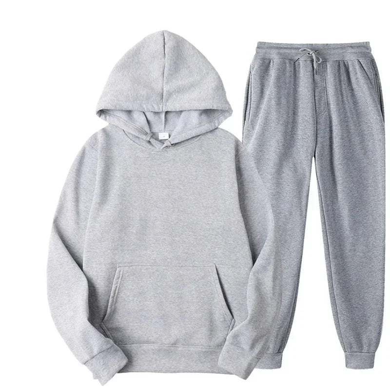 Gray hoodie and jogger pants set on a white background