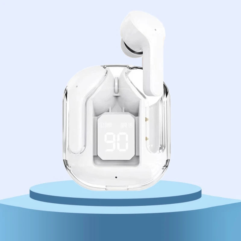 TWS wireless Bluetooth earbuds with transparent case, LED display, ENC mic, and stereo sound. - white