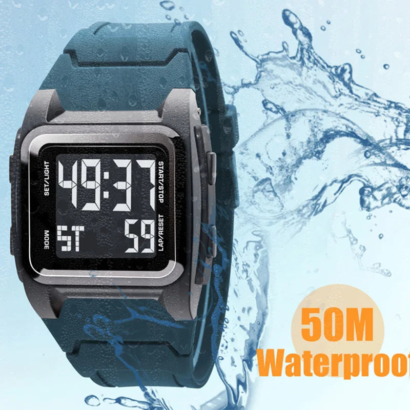 Digital watch with a black strap on a blue water splash background, indicating 50M waterproof feature.