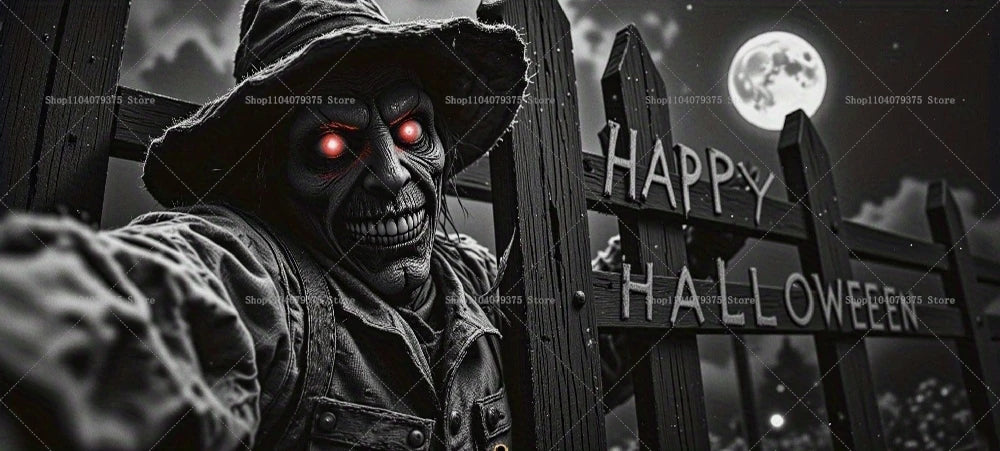 Horror character with glowing red eyes behind a 'Happy Halloween' sign at night.