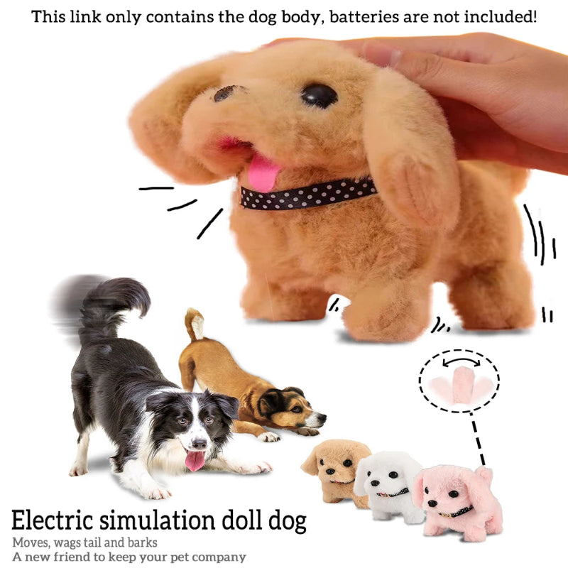 Electric simulation doll dog with text about battery inclusion and features.