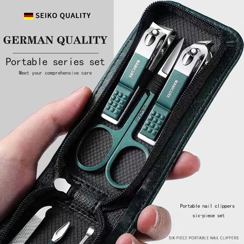 Portable nail clippers set with SEIKO quality branding on a gray background