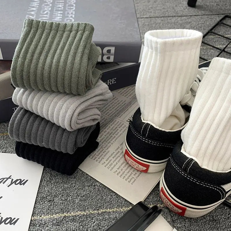 Set of 5 pairs men’s solid color black and white warm sport socks for autumn and winter- 5-- green gray black white beige