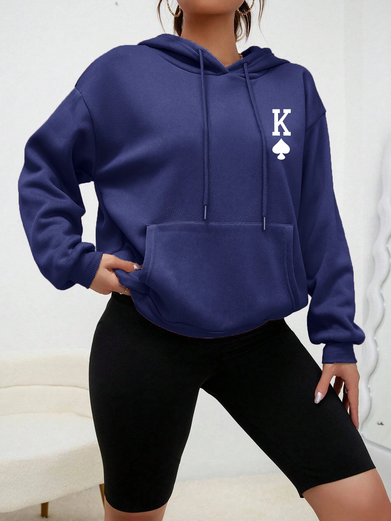 Women’s casual Poker K printed hoodie with pocket, streetwear style sweatshirt for autumn- 7. blue