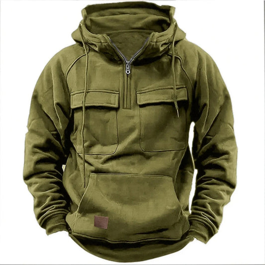 Green hoodie with front pockets and a zipper on a white background
