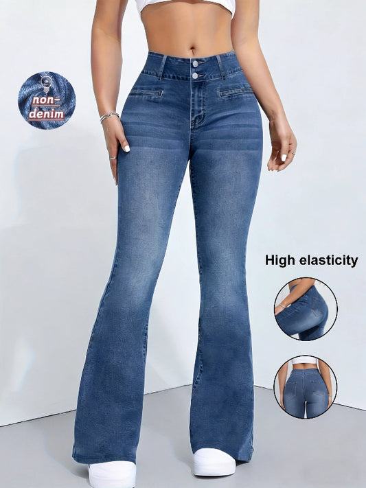 Blue flared jeans with high elasticity feature on a white background