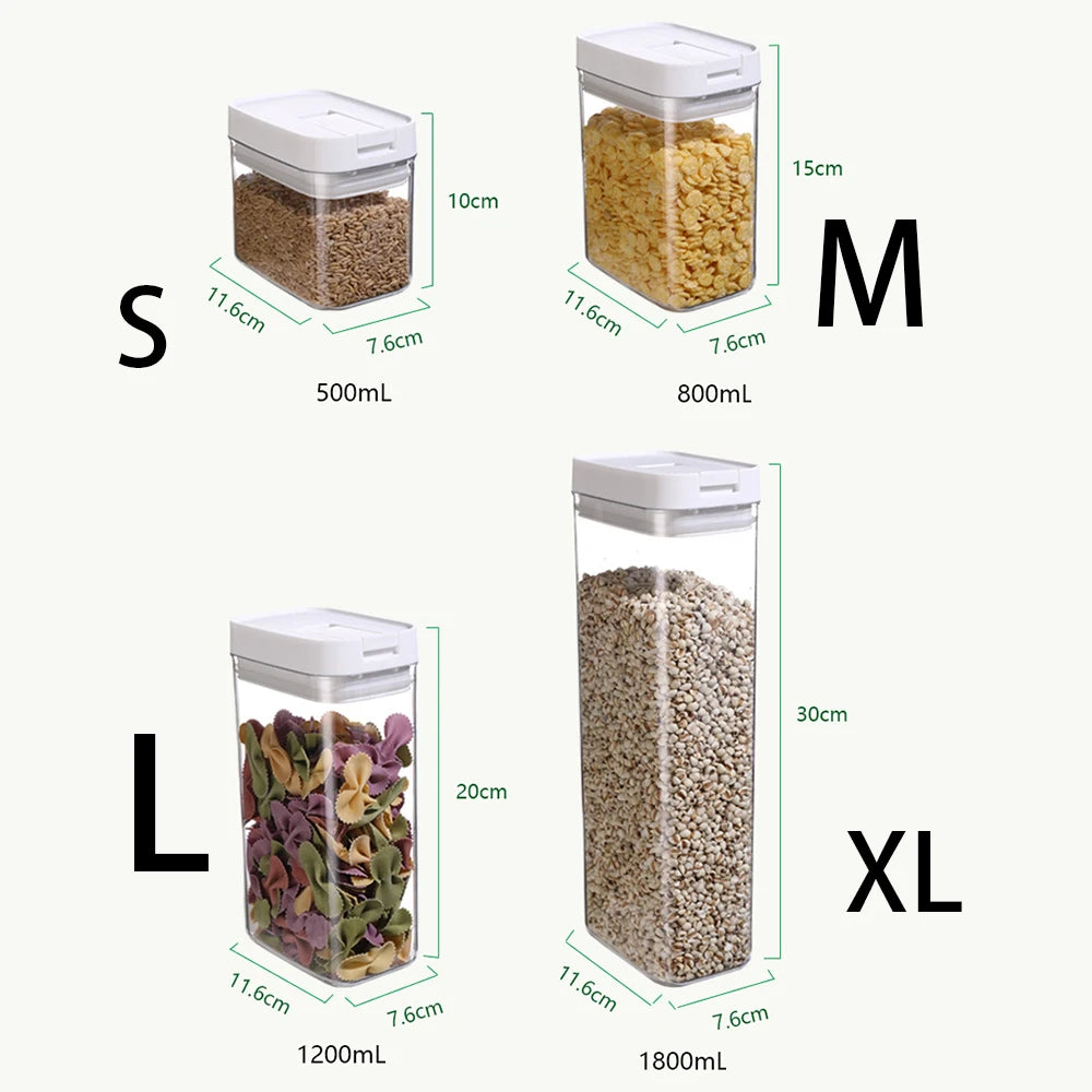 Clear plastic kitchen storage jar with airtight seal for snacks, cereals, and beans - dimensions