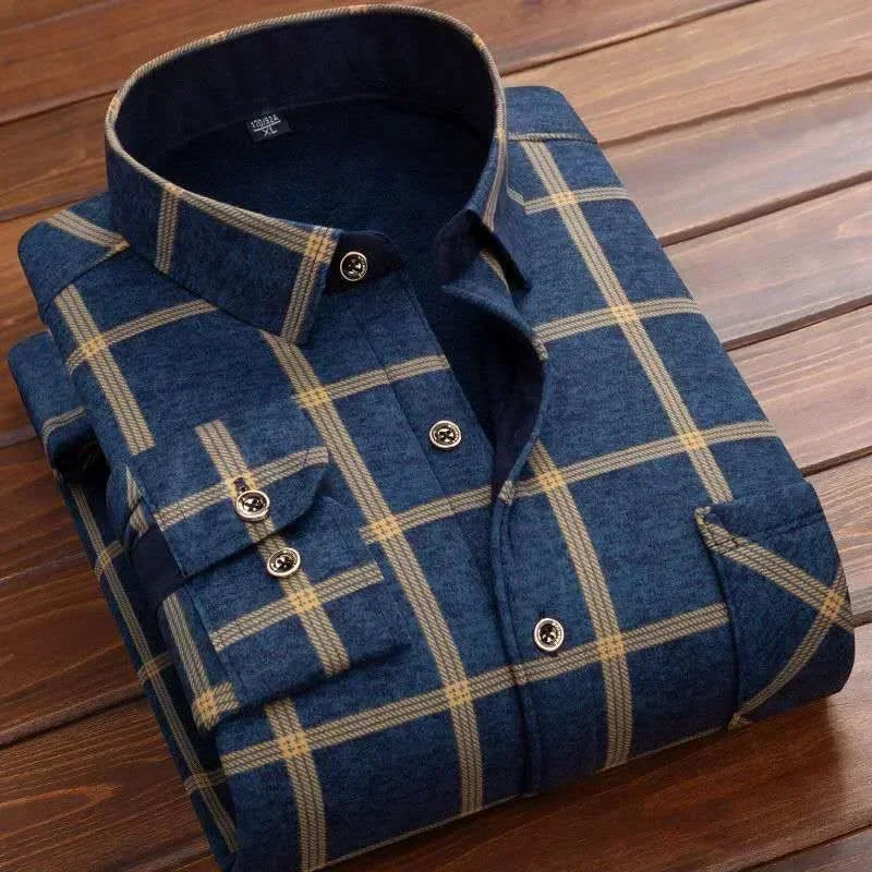 2024 men's thick warm plaid shirt with long sleeves in large 4XL size - :blue  and beige