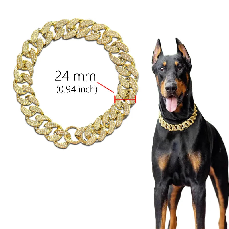 Golden ABS plastic dog collar with diamond inlay sparkle, chain design, suitable for small to large dogs and cats, stylish pet accessory. - 04