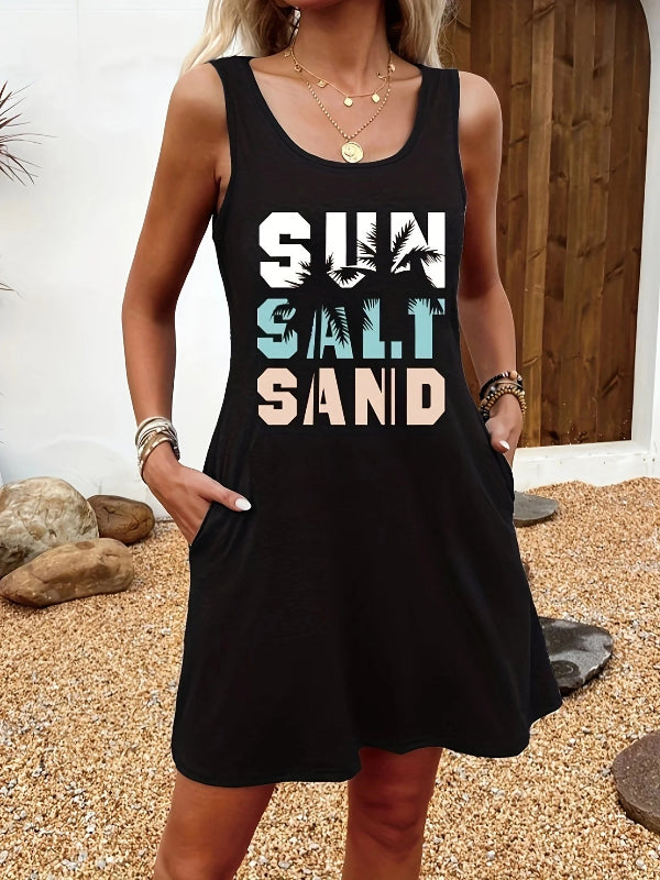 Women’s summer sleeveless tank top mini dress with black print, casual sexy loose fit, perfect for warm weather. 45896