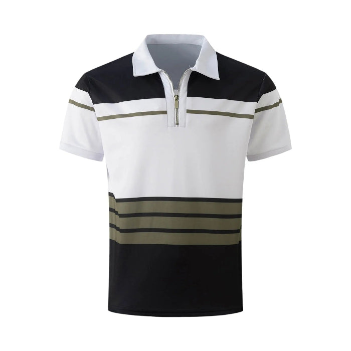 A color block men's casual t-shirt with a ribbed lapel and button-up collar, featuring black, white, and green horizontal stripes.