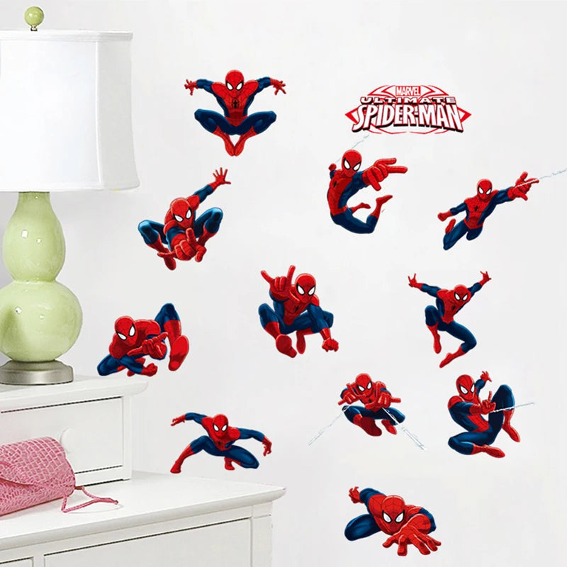 Spider-Man wall decals on a white wall with a lamp and pink bag in the foreground.