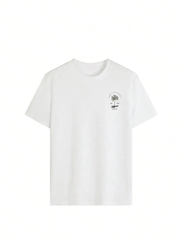White t-shirt with a palm tree design on a white background
