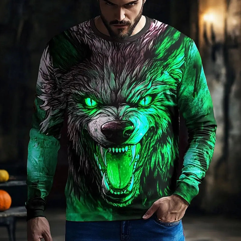 Person wearing a sweater with a green wolf graphic design in a dark setting