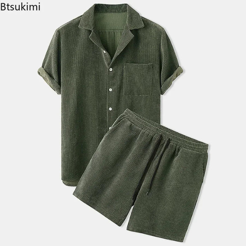 Green corduroy shirt and shorts set on a white background with 'Btsukimi' branding.
