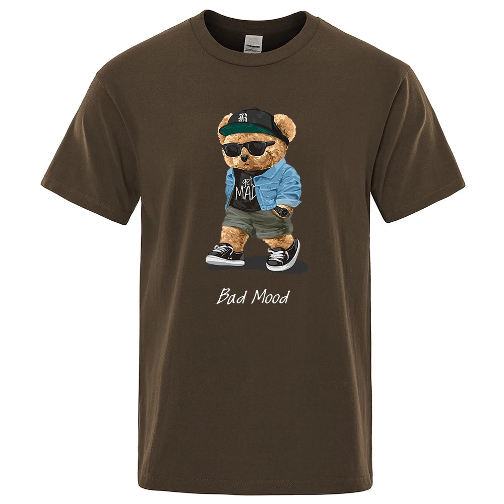 Brown t-shirt with a teddy bear graphic and 'Bad Mood' text on a white background