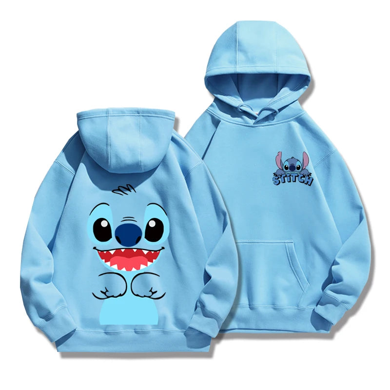 Loose fit Stitch cartoon hoodie with anime design, cozy for autumn/winter, perfect for couples or fans of cute American-style hoodies L blue and blue stitch