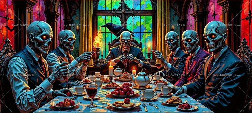 Skeletons in formal attire dining at a table with a colorful stained glass window in the background
