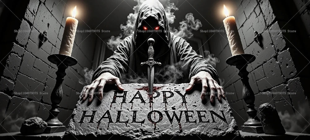 Person in hood with sword on 'Happy Halloween' sign in dark, candlelit setting