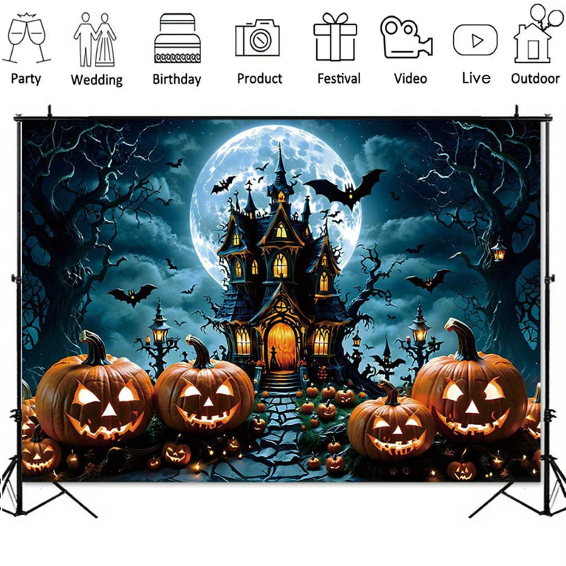 Halloween-themed backdrop with a haunted castle, full moon, and carved pumpkins.