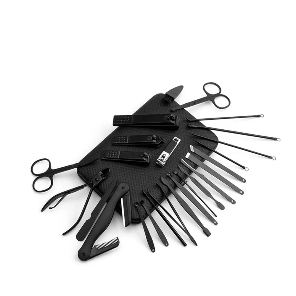 Professional stainless steel manicure and pedicure set with 10/15/25 pcs tools in a portable case, perfect gift for nail care. 56987
