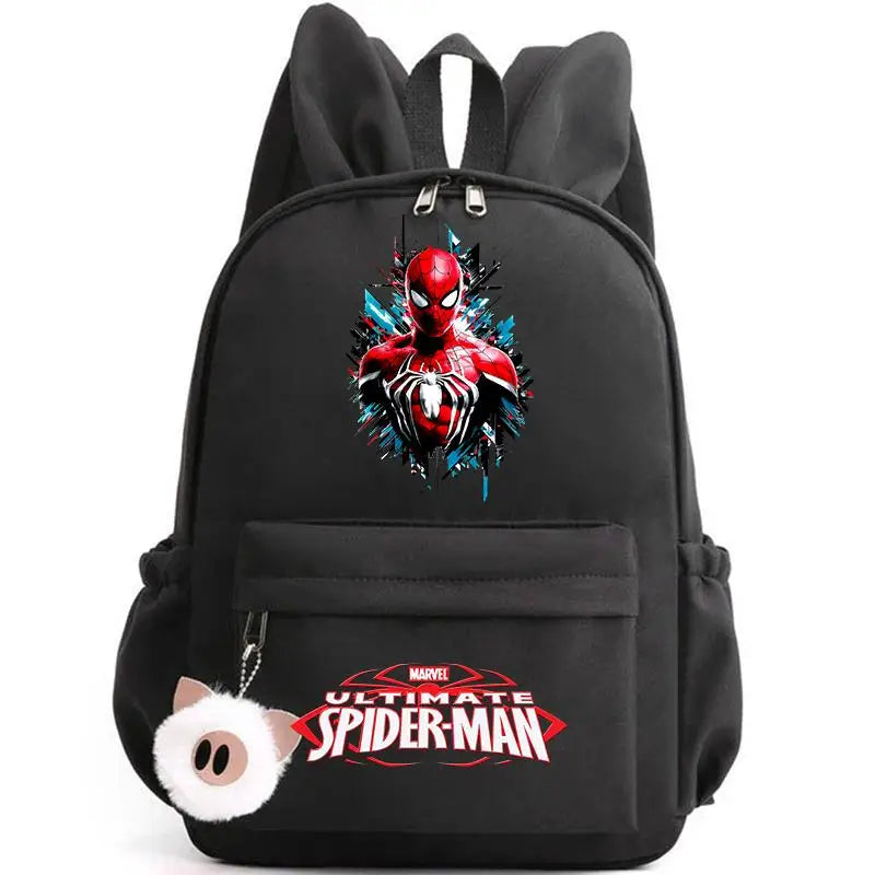 Black backpack with Spider-Man design and keychain on a white background