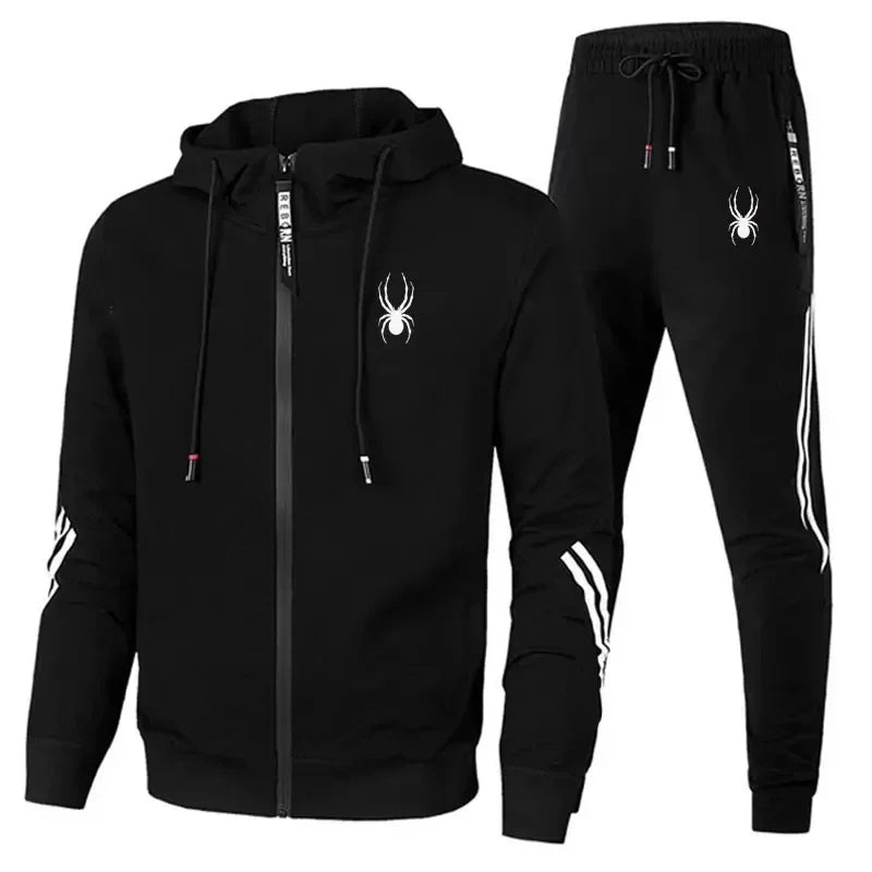 Black tracksuit with spider logo on a white background