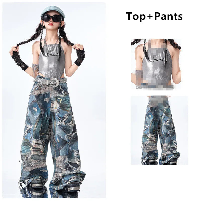 Woman wearing a top and pants set with camouflage design on a white background
