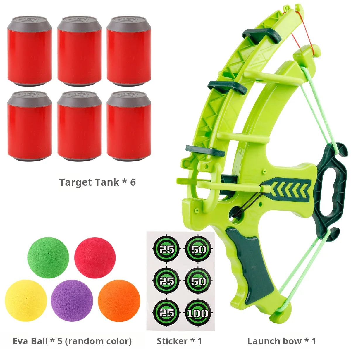 Toy launch bow set with target tanks, Eva balls, and a sticker on a white background