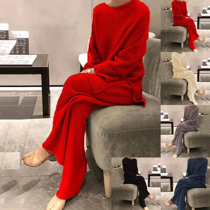 Red knit outfit worn by a mannequin on a gray chair, with multiple views of the same outfit.