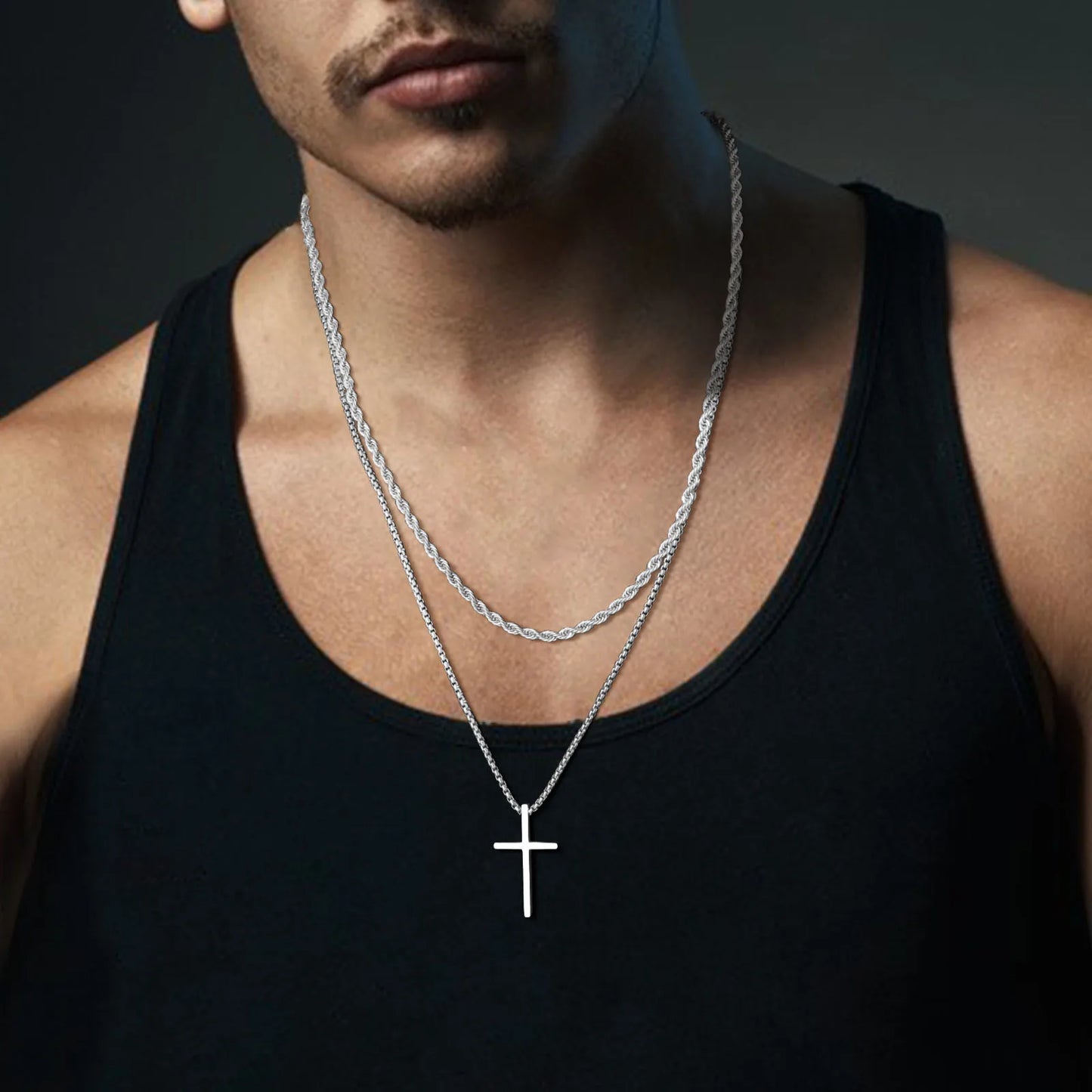 Vnox stainless steel layered men’s cross pendant necklace with rope chain -  03