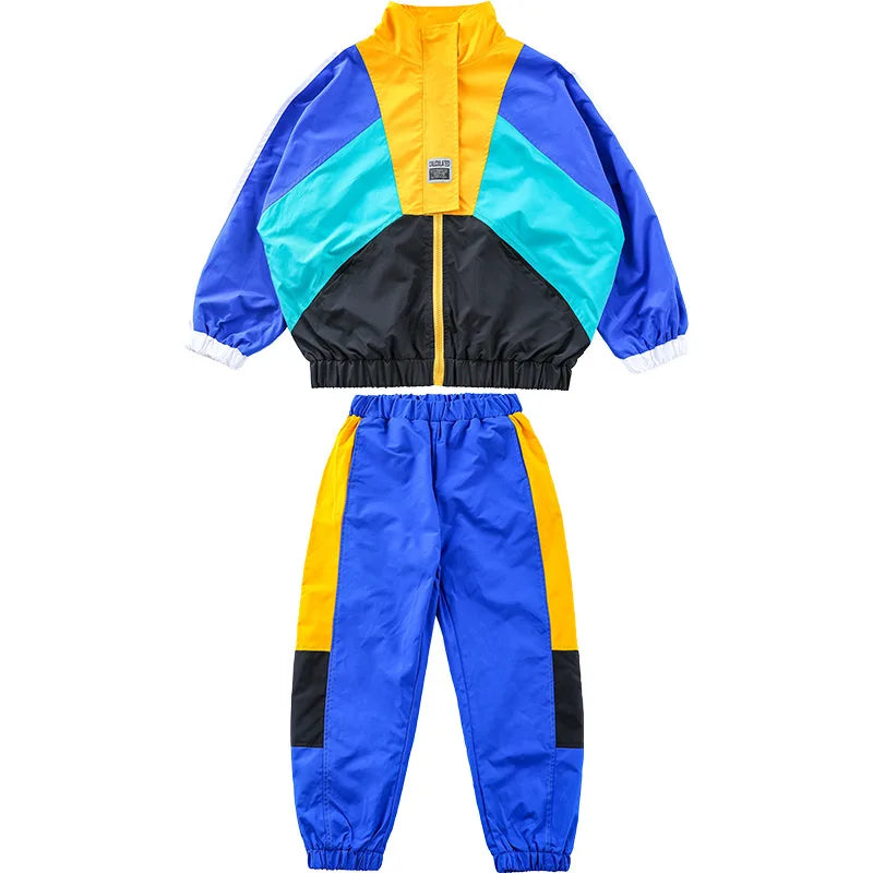 Colorful tracksuit with a blue, yellow, and black design on a white background