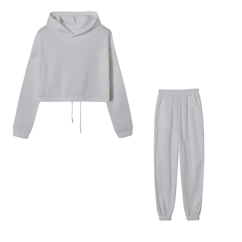 Women’s fashion two-piece sportswear set with long sleeves and high-waist casual pants in neutral tones L grey