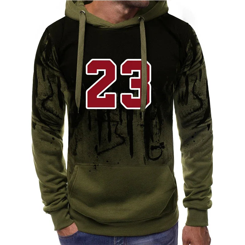 Green hoodie with red number 23 on a white background