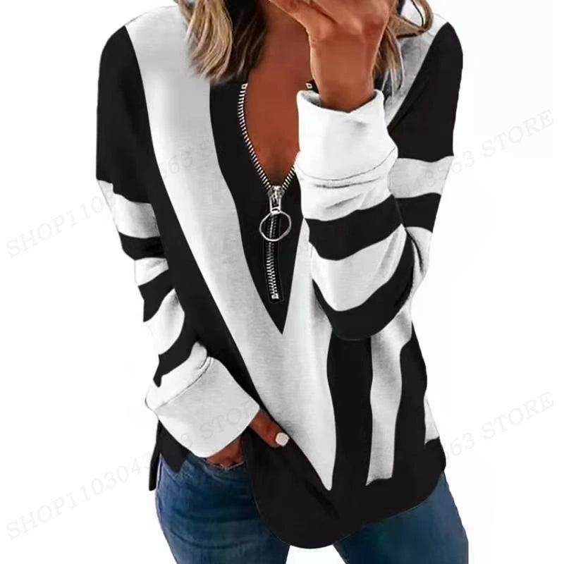Women's Y2K oversized zip-up hoodie with geometric star pattern and crewneck design - Black white