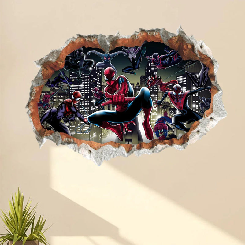 Wall decal of a superhero in a cityscape with a 'Smashed Wall' effect on a beige wall.