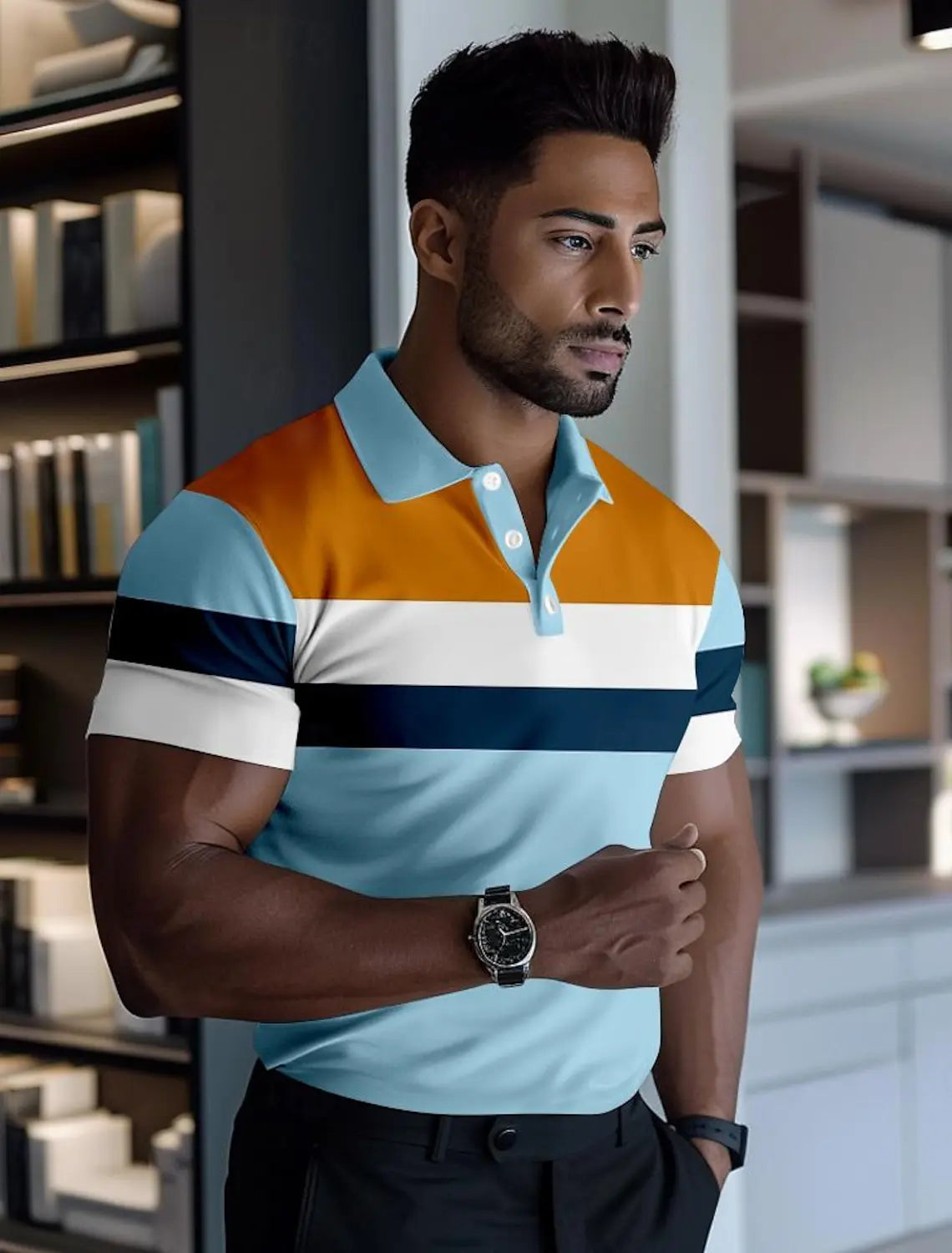 Men's Business Casual Polo Shirt+orange and blue