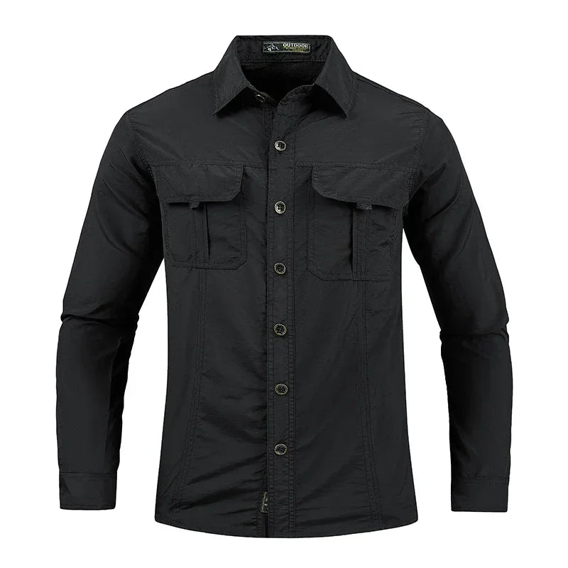 Black long-sleeve shirt with pockets on a white background