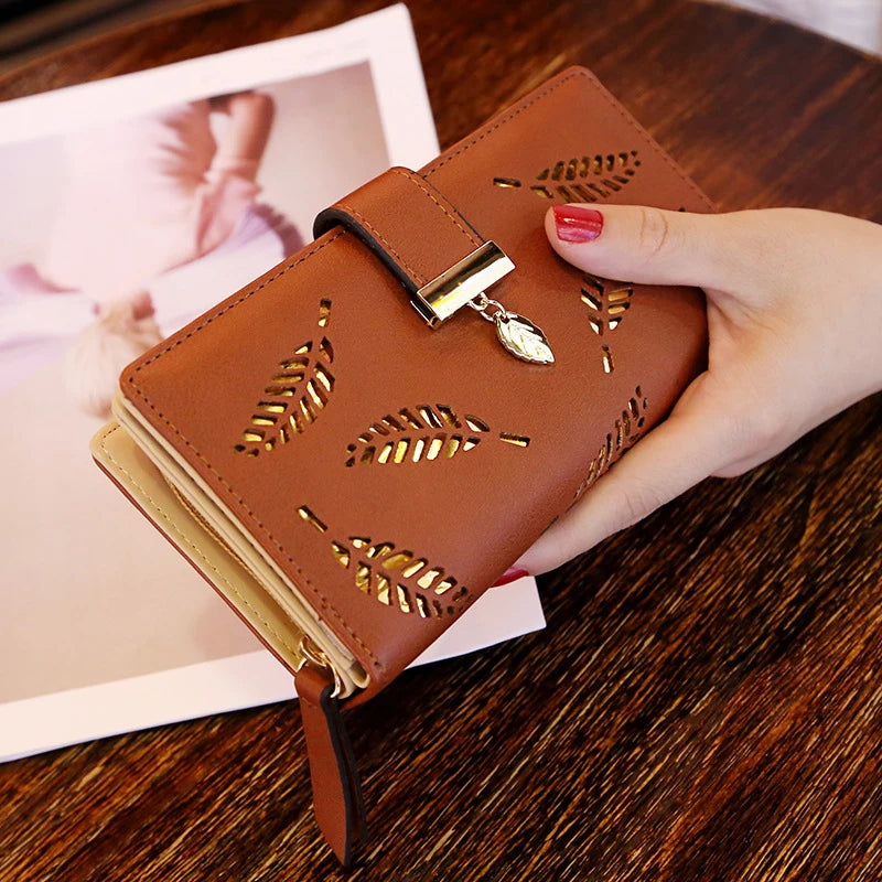 Women Wallet Hollow Golden Leaf 3 brown