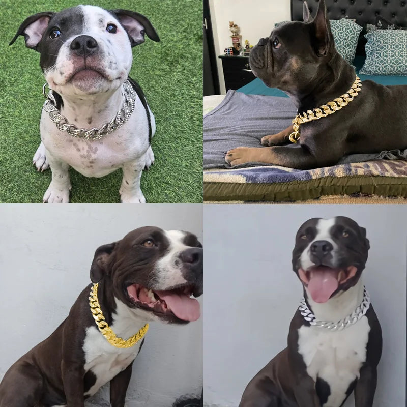 Golden ABS plastic dog collar with diamond inlay sparkle, chain design, suitable for small to large dogs and cats, stylish pet accessory.- 05