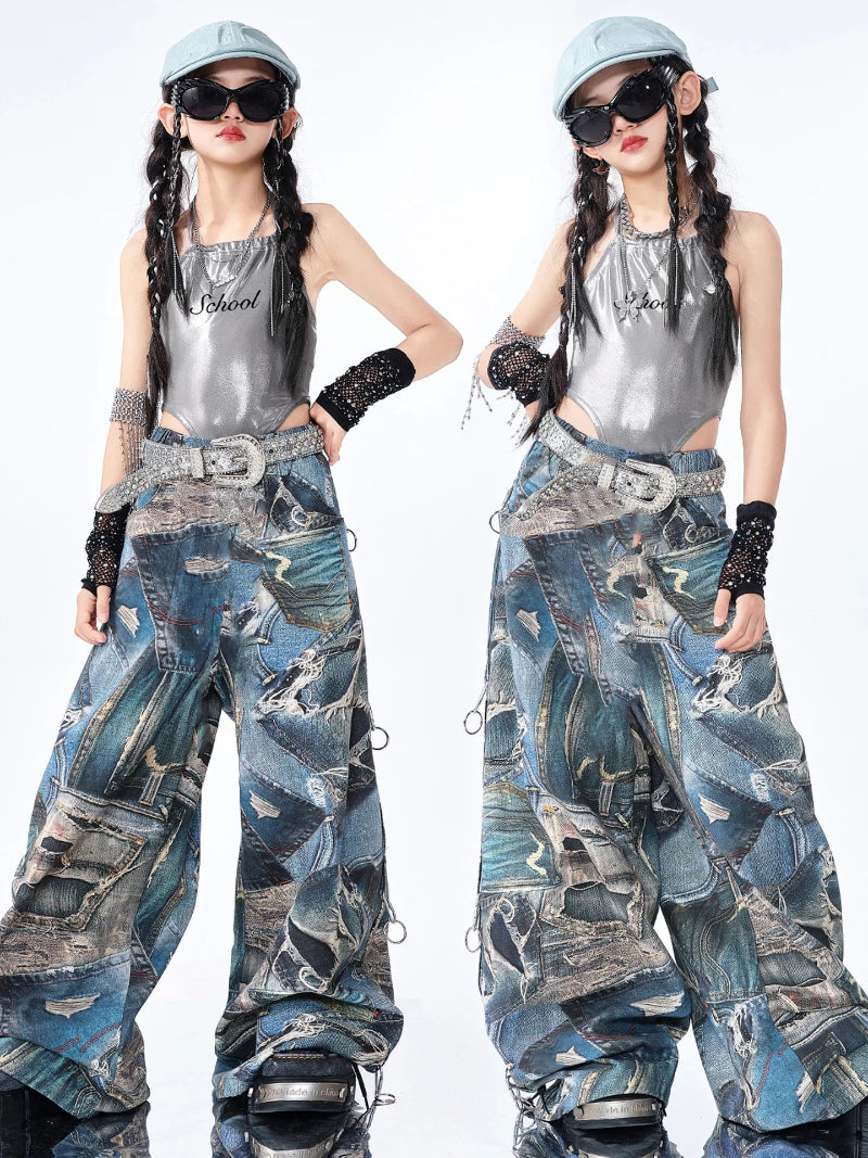 Two images of a person wearing a silver top and camouflage pants with accessories on a white background.