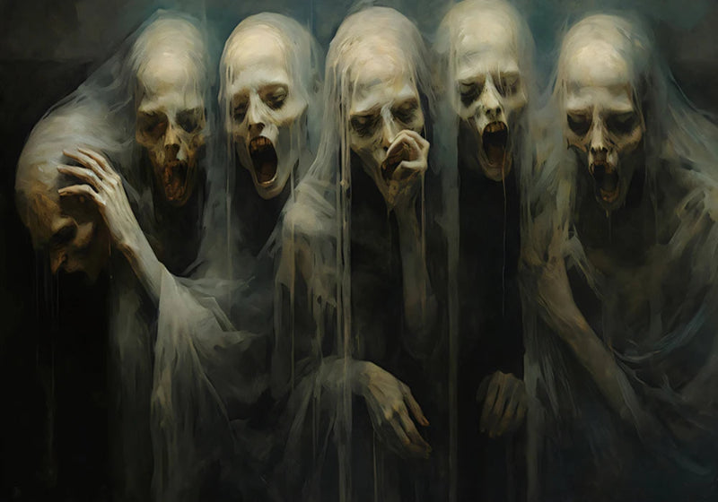 Five ghostly figures with pale faces and open mouths, surrounded by a misty atmosphere.