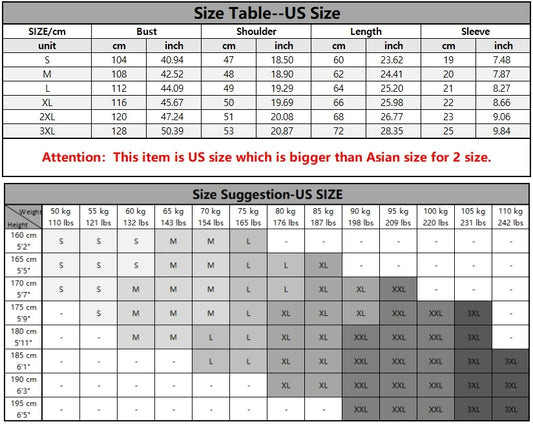 Size chart for clothing with US and Asian size conversions.