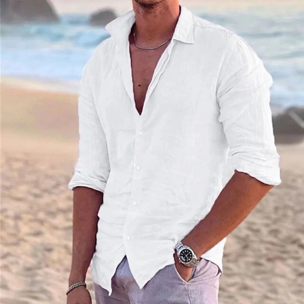 Men’s casual cotton linen polo neck long sleeve shirt in solid color, perfect for beach and holiday wear, lightweight and breathable fabric.l -4