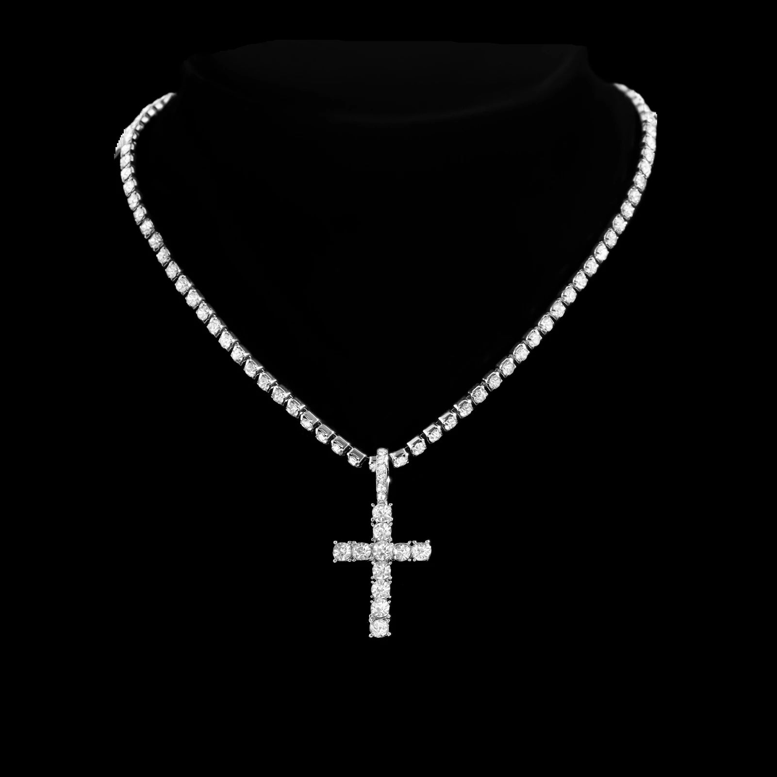 2pcs iced out hip hop Cuban chain and cross tennis necklace for men and women  - one silver chain one cross